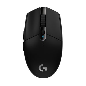 Black wireless gaming mouse with scroll wheel and blue status LED, Logitech G logo