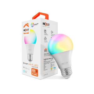 Smart Wi‑Fi color LED bulb shown beside its white NEXT-branded packaging box with an orange handle.