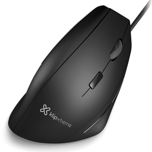 Black ergonomic wireless-looking mouse with scroll wheel, side button, and the 'klip xtreme' logo on the palm area.