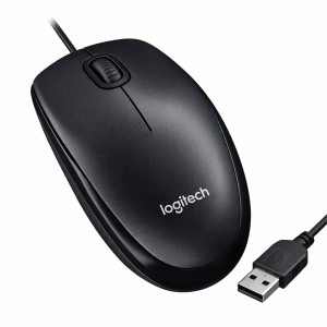 Wired black computer mouse with USB-A plug and scroll wheel (Logitech).