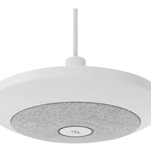 White circular ceiling-mounted speaker hanging from a cable, featuring a fabric grille and a central power button.