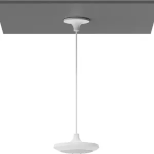 White pendant light hanging from a ceiling mount, viewed from below, with a long cord and white shade.