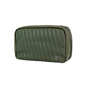 Olive green zippered pouch with diagonal ribbed pattern and a small logo in the lower corner.