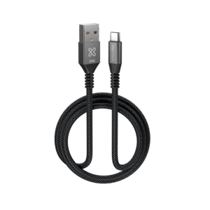 Braided USB-C to USB-A charging cable with a black connector on each end, 30W rating, shown looped in the image