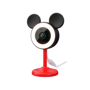 Webcam with a circular ring light and black mouse-ear accents on a red stand.
