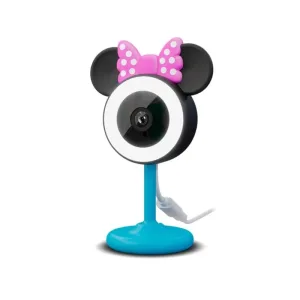 Cartoon webcam with Minnie Mouse ears and pink bow on a blue stand, USB cable visible.