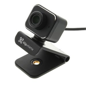 Clip-on webcam mounted on a black adjustable stand labeled 'klip xtreme' for a computer or laptop setup