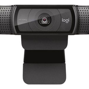 Logitech HD webcam with an adjustable clip-on stand, shown from the front with the lens centered and perforated black housing.