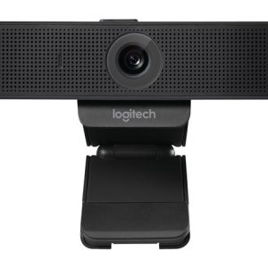 Logitech webcam on an adjustable stand, front view with the lens centered for video calls.