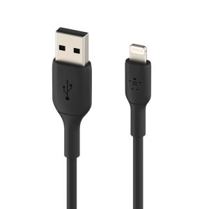 USB-A to Lightning charging and syncing cable with black connectors on a white background
