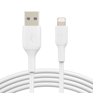 White USB-A to Lightning charging cable, with connectors visible and a coiled cord against a white background
