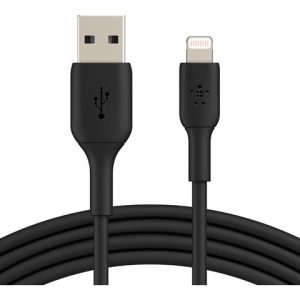 Black USB-A to Lightning charging cable, coiled at the bottom, with connectors visible on both ends (USB and Lightning).