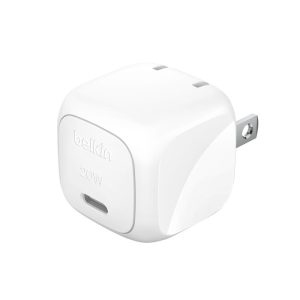 White Belkin 20W USB-C wall charger with compact squarish block and folding prongs, shown from a slight angle