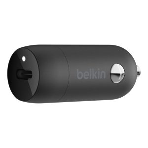 Belkin USB-C car charger with a front USB-C port for in-car charging.