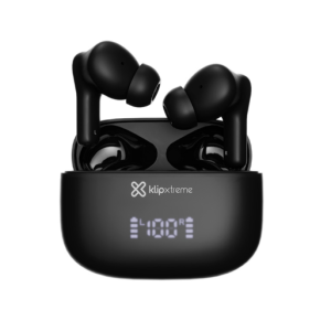 Black wireless earbuds in an open charging case with a digital LED display on the front, showing Klipxtreme branding.