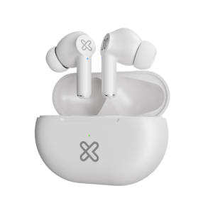 White wireless earbuds in an open charging case with a small green LED on the front and a logo on the case.
