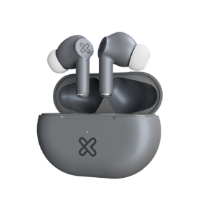 Gray wireless earbuds with a matching gray charging case, open to reveal the buds; a small green LED is visible on the front of the case.