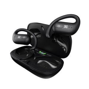 Black true wireless earbuds with flexible ear hooks resting in an open charging case; case shows a green battery display on its top surface