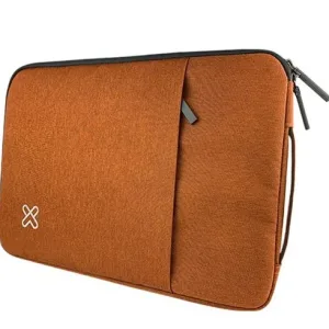 Brown fabric laptop sleeve with a black zipper, two zipper pulls, and a small white logo on the front lower-left corner.