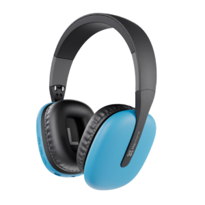 Blue and black over-ear headphones with padded ear cups and an adjustable headband.