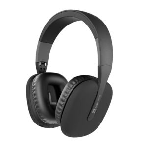 Black over-ear headphones with cushioned ear cups on a white background, angled slightly.