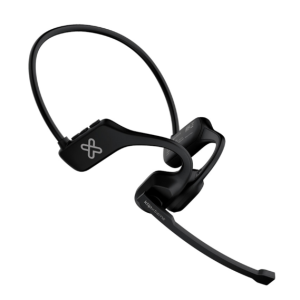 Black Bluetooth headset with an over-ear hook and curved neckband, shown in profile.