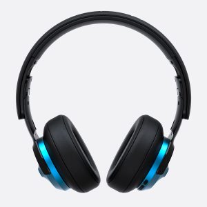 Over-ear black headphones with blue accents on a light gray background, viewed from the front.