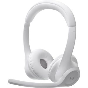 White Logitech over-ear headset with an adjustable boom microphone and soft cushioned ear cups, shown at angle. Considered for gaming or calls.