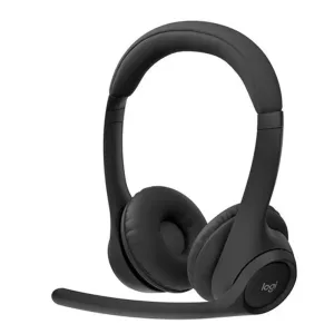 Black over-ear headset with cushioned ear cups and attached microphone, shown at a slight angle (Logitech logo visible).