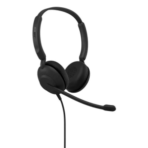 Wired over-ear headset with a boom microphone, black color, isolated on white background