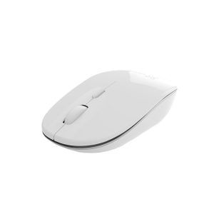 White wireless computer mouse viewed from above on a plain background