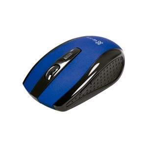 Blue wireless computer mouse with black side grips and scroll wheel on a white background
