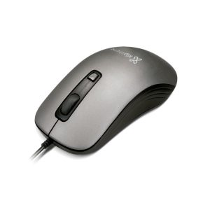 Wired computer mouse with a silver top and black sides, scroll wheel visible.