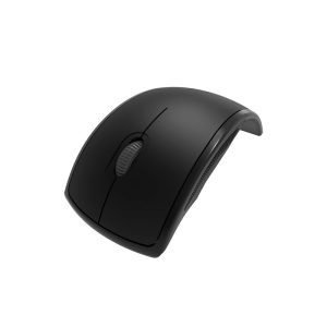 Top-view of a black wireless computer mouse with a scroll wheel on a white background.