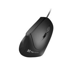 Black wired computer mouse with scroll wheel, angled view showing the klioxtreme logo on the palm area.