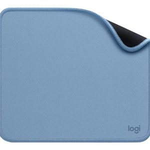 Blue Logitech Logi mouse pad with a small folded corner and stitched edge detail, fabric surface suitable for a computer mouse.