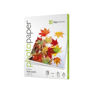 Package of glossy high-grade photo paper by KlipXtreme, with an autumn leaf collage on the cover.