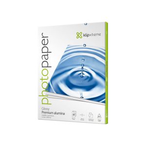 Photopaper packaging featuring a blue water ripple image and green vertical accent, brand Klipxtreme, glossy premium paper box with product details on front
