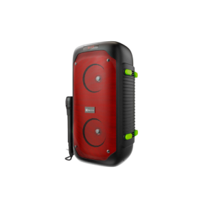 Rugged portable Bluetooth speaker with a red front grille, two drivers, black housing, and lime-green side handles.