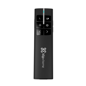 Slim black wireless presentation remote with front-panel navigation buttons and a blue status light, used to control slides during presentations.