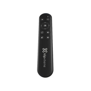 Black Kixtreme streaming remote with circular navigation pad and playback buttons on a white background