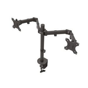 Dual-arm adjustable monitor desk mount attached to a vertical pole with clamp base.
