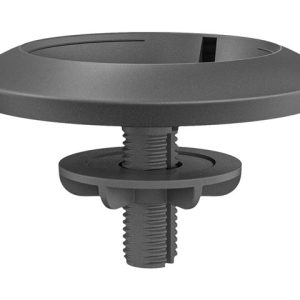 Gray circular adjustable furniture leg leveler with a threaded bolt and nut assembly, showing the mounting hardware used to level a leg.