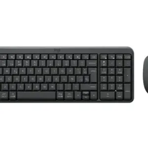 Wireless keyboard with numeric keypad and a black mouse on a white background.