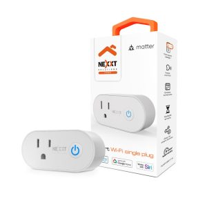 White smart plug with two outlets and a blue power button, placed in front of its packaging box.