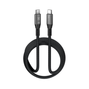Braided black USB-C to USB-C charging cable coiled with both connectors visible