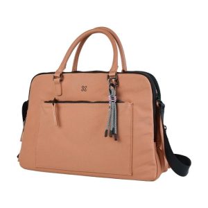 Peach-colored handbag with two top handles, a front zip pocket, and a decorative tassel, shown in three-quarter view with a detachable strap nearby.