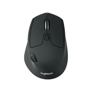 Top view of a dark gray Logitech wireless mouse with scroll wheel and a 1–3 profile switch on the left side.