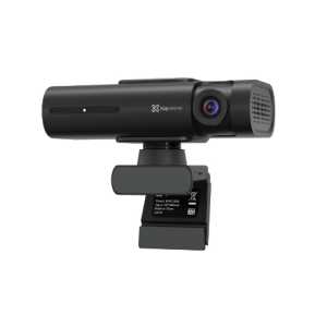Black webcam with a swiveling mount and built-in microphone, lens on the right, intended for video calls and conferencing.