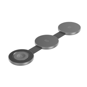 Triple wireless charging dock with three circular pads connected by a black strip, designed to charge multiple devices simultaneously in one stand.